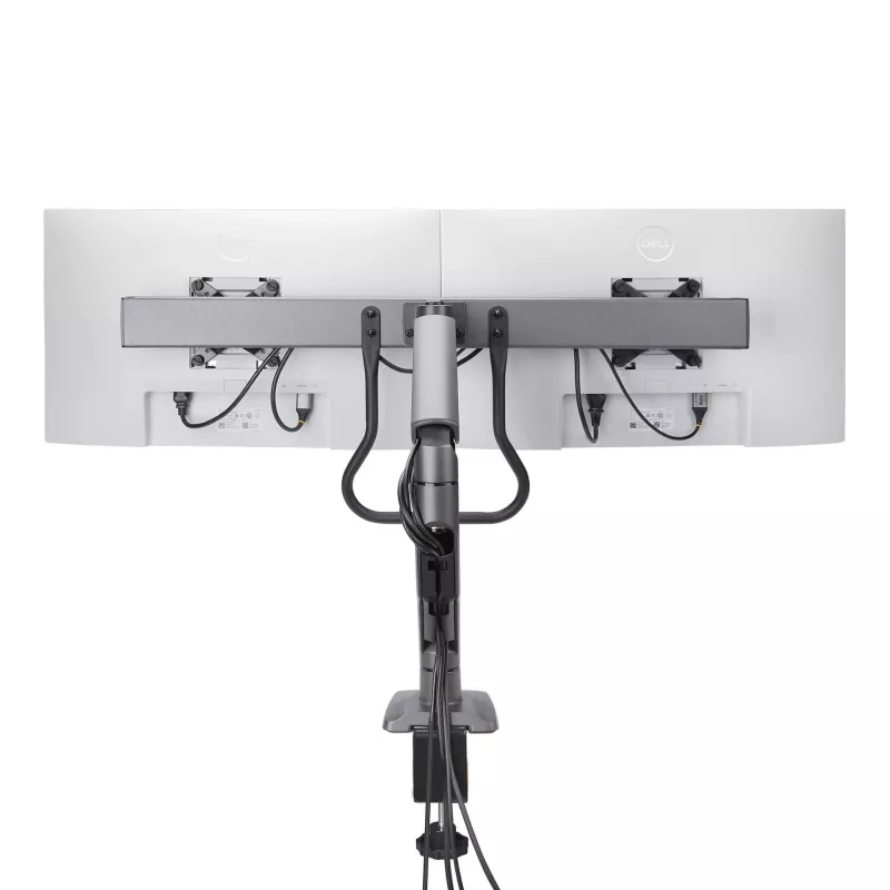 StarTech.com galda stiprinājums diviem monitoriem ar šķērssiju, līdz 27 collu displejiem, VESA 75x75/100x100, maks. 33 mārciņas/15 kg, C-skava, pilnībā šarnīrveida, mehāniskā atspere, TAA
