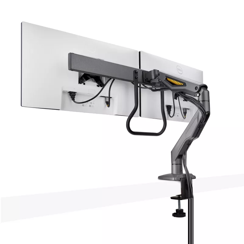 StarTech.com galda stiprinājums diviem monitoriem ar šķērssiju, līdz 27 collu displejiem, VESA 75x75/100x100, maks. 33 mārciņas/15 kg, C-skava, pilnībā šarnīrveida, mehāniskā atspere, TAA