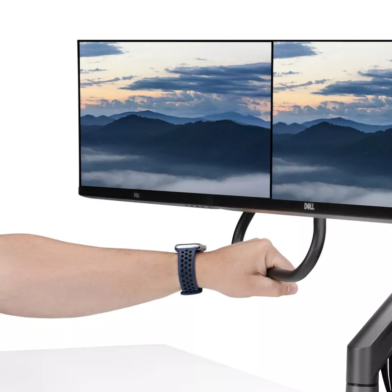StarTech.com galda stiprinājums diviem monitoriem ar šķērssiju, līdz 27 collu displejiem, VESA 75x75/100x100, maks. 33 mārciņas/15 kg, C-skava, pilnībā šarnīrveida, mehāniskā atspere, TAA