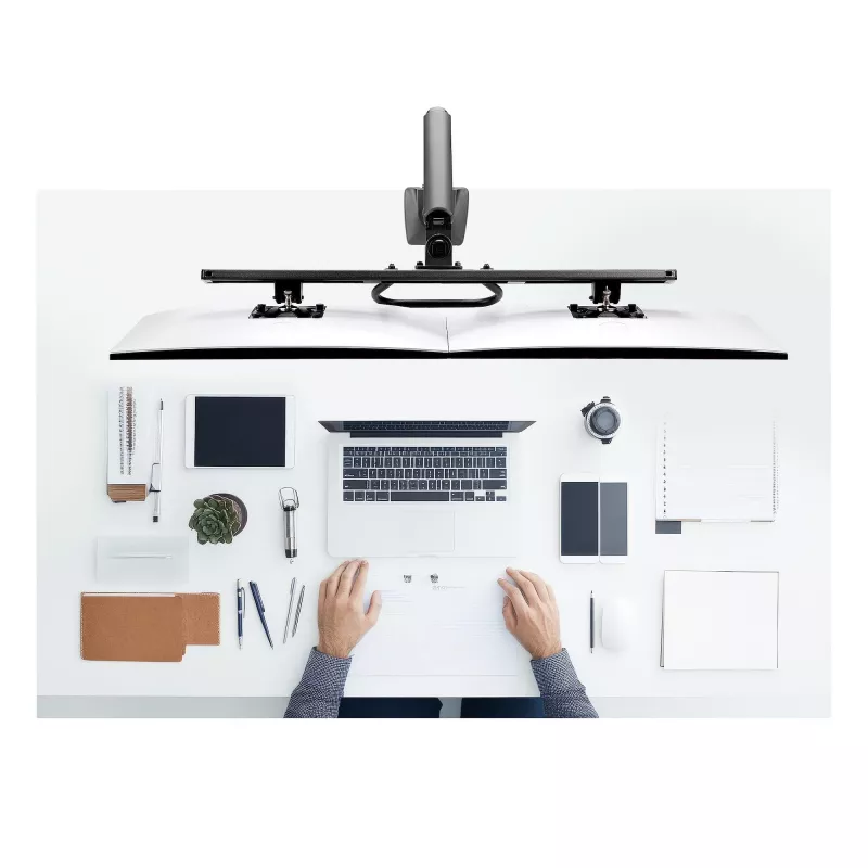 StarTech.com galda stiprinājums diviem monitoriem ar šķērssiju, līdz 27 collu displejiem, VESA 75x75/100x100, maks. 33 mārciņas/15 kg, C-skava, pilnībā šarnīrveida, mehāniskā atspere, TAA