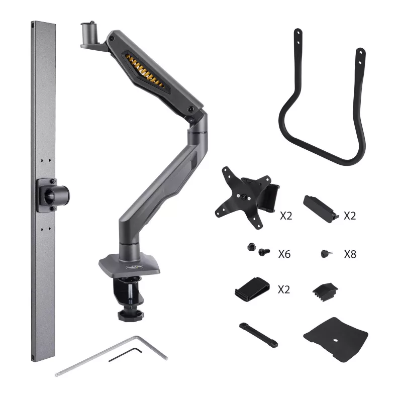 StarTech.com galda stiprinājums diviem monitoriem ar šķērssiju, līdz 27 collu displejiem, VESA 75x75/100x100, maks. 33 mārciņas/15 kg, C-skava, pilnībā šarnīrveida, mehāniskā atspere, TAA