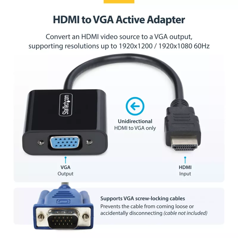 StarTech.com HDMI uz VGA adapteris, aktīvs video pārveidotājs portatīvajam/galddatoram, 1920x1080 (1080p), HDMI avots uz VGA monitoru/displeju/projektoru