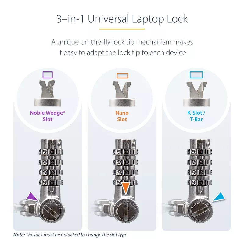StarTech.com 25-Pack Universal Laptop Lock 6.6ft (2m), Serializēta drošības trosīte klēpjdatoram, Saderīga ar Noble Wedge®/Nano/K-Slot, Bezatslēgas kombinācijas trosīte - TAA