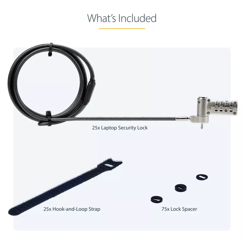 StarTech.com 25-Pack Universal Laptop Lock 6.6ft (2m), Serializēta drošības trosīte klēpjdatoram, Saderīga ar Noble Wedge®/Nano/K-Slot, Bezatslēgas kombinācijas trosīte - TAA