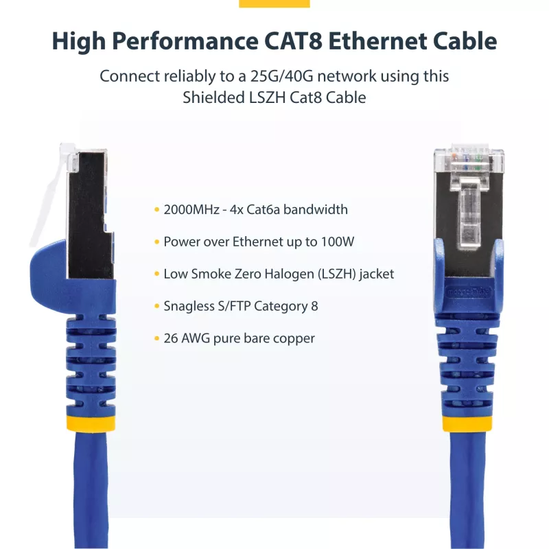 StarTech.com 3m zils CAT8 Ethernet kabelis, bez aizķeršanās RJ45, 25G/40G, 2000MHz, 100W PoE++, S/FTP, 26AWG tīra vara stieple, LSZH, ekranēts tīkla ielāpu vads ar spriegojuma samazinātājiem, individuāli testēts