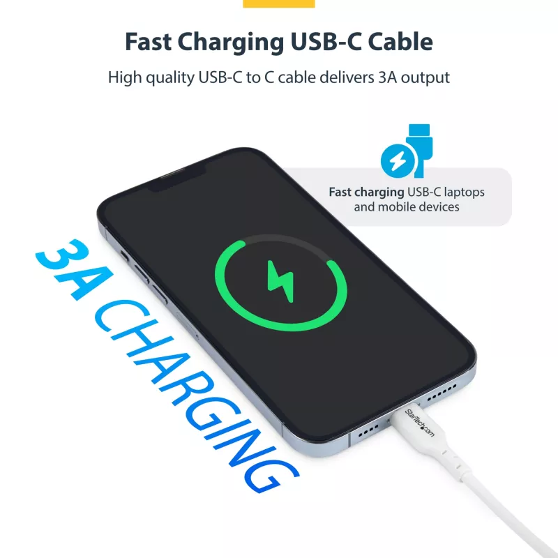 StarTech.com 3 m (9,8 pēdas) balts USB-C lādēšanas kabelis, USB C kabelis, USB 2.0 Type-C klēpjdatora lādētāja vads, 60 W 3 A jaudas piegāde, TPE apvalks, USB-C datu pārsūtīšanas kabelis, M/M