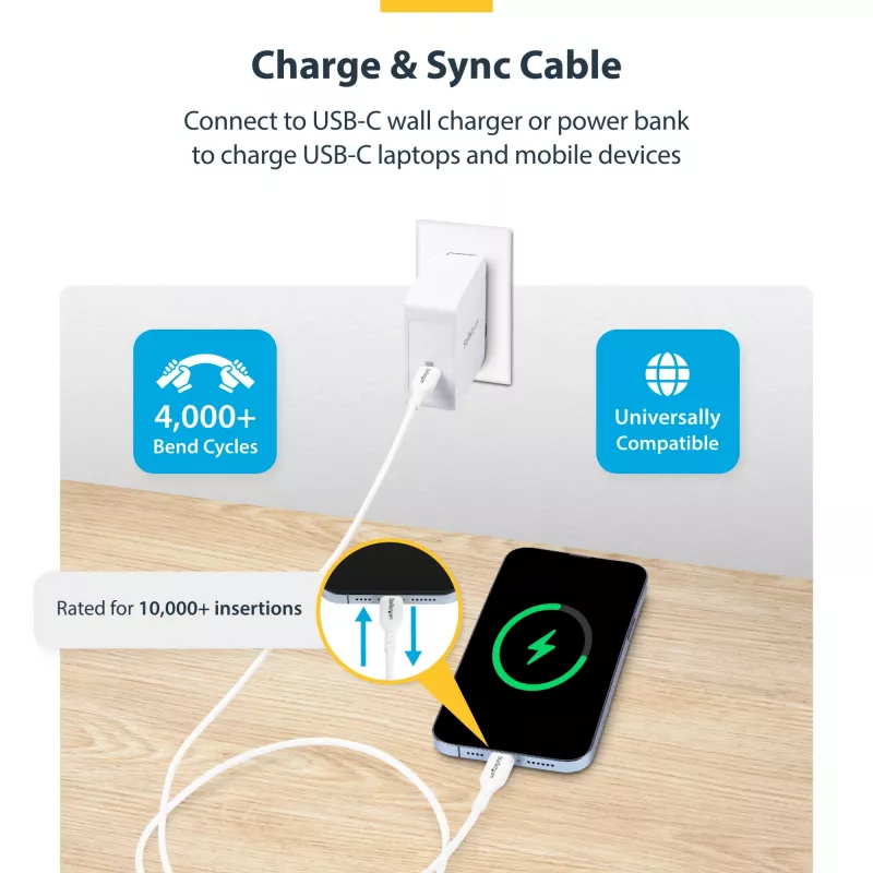 StarTech.com 3 m (9,8 pēdas) balts USB-C lādēšanas kabelis, USB C kabelis, USB 2.0 Type-C klēpjdatora lādētāja vads, 60 W 3 A jaudas piegāde, TPE apvalks, USB-C datu pārsūtīšanas kabelis, M/M