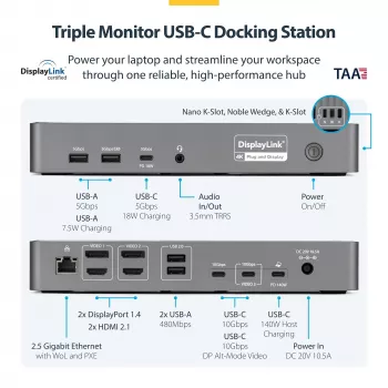 StarTech.com Triple-Monitor USB-C dokstacija, 140W klēpjdatora uzlādes doks MacBook Pro un Windows, 4K 60Hz HDMI vai DisplayPort, TAA