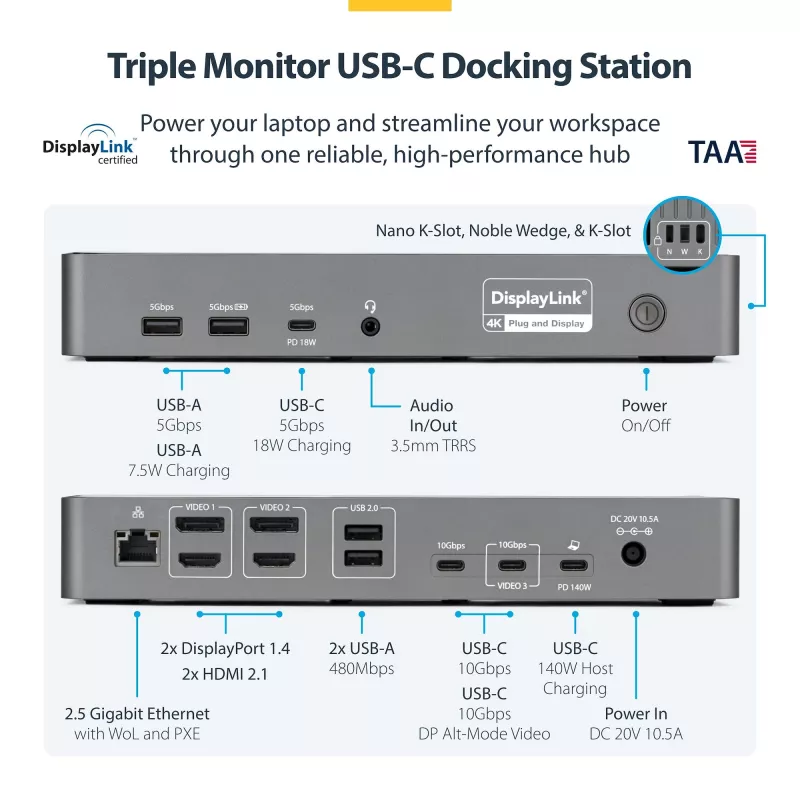 StarTech.com Triple-Monitor USB-C dokstacija, 140W klēpjdatora uzlādes doks MacBook Pro un Windows, 4K 60Hz HDMI vai DisplayPort, TAA