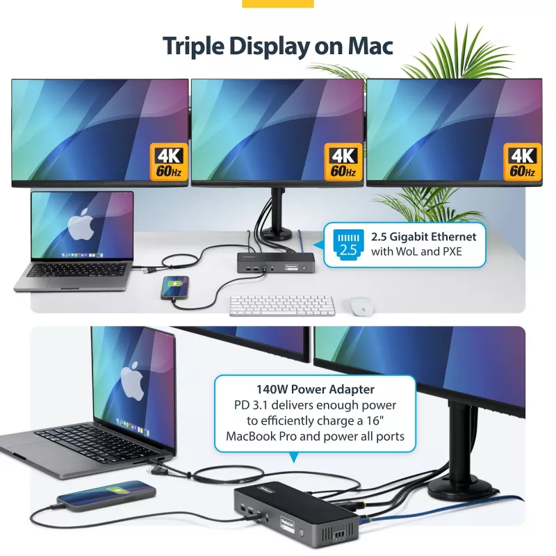 StarTech.com Triple-Monitor USB-C dokstacija, 140W klēpjdatora uzlādes doks MacBook Pro un Windows, 4K 60Hz HDMI vai DisplayPort, TAA