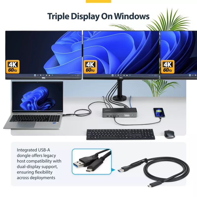 StarTech.com Triple-Monitor USB-C dokstacija, 140W klēpjdatora uzlādes doks MacBook Pro un Windows, 4K 60Hz HDMI vai DisplayPort, TAA