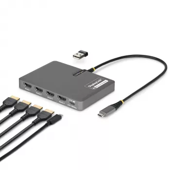 StarTech.com USB-C–četru monitoru darbstacijas adapteris, 4K 60Hz HDMI, 140W PD caurlaides uzlāde klēpjdatoram, USB pieslēgvieta bezvadu tastatūrai / pelei, TAA