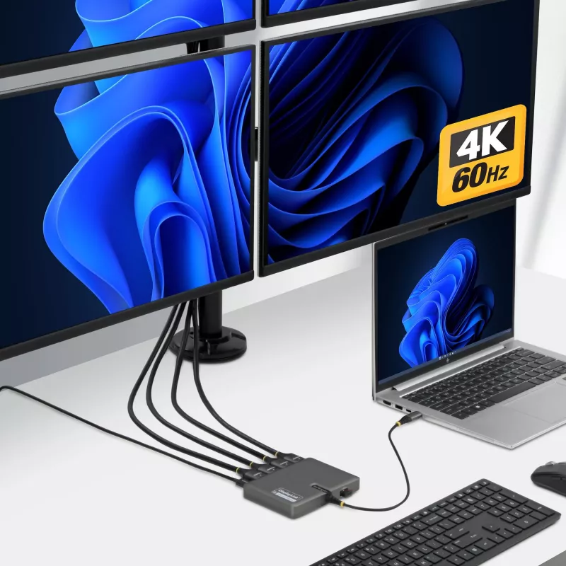 StarTech.com USB-C–četru monitoru darbstacijas adapteris, 4K 60Hz HDMI, 140W PD caurlaides uzlāde klēpjdatoram, USB pieslēgvieta bezvadu tastatūrai / pelei, TAA