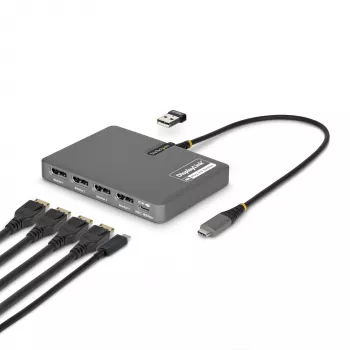 StarTech.com USB-C uz četru monitoru darbstacijas adapteris, 4K 60Hz DisplayPort, 140W PD caurlaides uzlāde klēpjdatoram, USB ports bezvadu tastatūrai / pelei, TAA