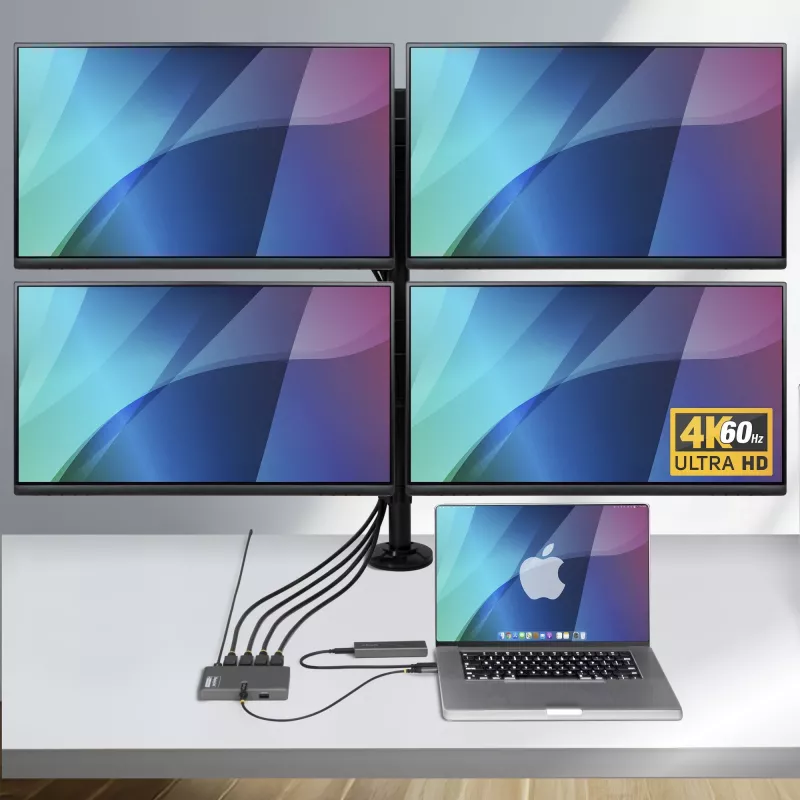 StarTech.com USB-C uz četru monitoru darbstacijas adapteris, 4K 60Hz DisplayPort, 140W PD caurlaides uzlāde klēpjdatoram, USB ports bezvadu tastatūrai / pelei, TAA