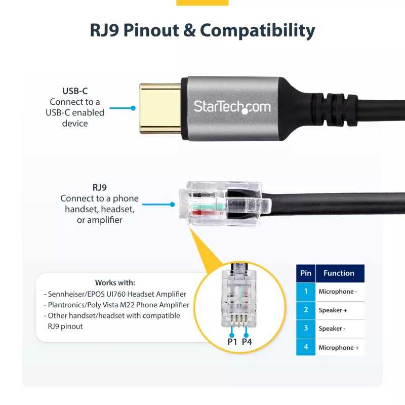 StarTech.com UR9-HEADSET-ADAPTER kabeļa savienotāju pārveidotājs USB-C RJ-9 Melns