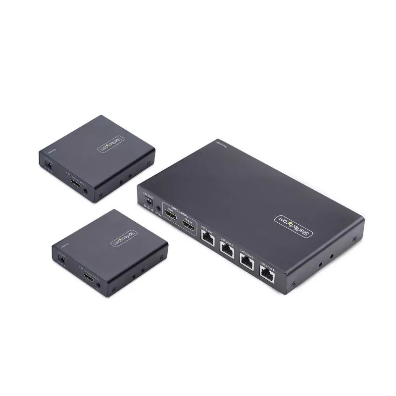 StarTech.com 4 portu HDMI pagarinātājs un sadalītājs pa CAT6, 4K 60Hz, līdz 230 pēdām (70 m), 1x4 HDMI izplatīšanas komplekts pa Ethernet ar IR un strāvu pa kabeli