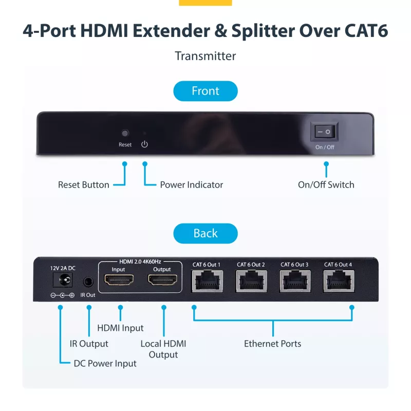 StarTech.com 4 portu HDMI pagarinātājs un sadalītājs pa CAT6, 4K 60Hz, līdz 230 pēdām (70 m), 1x4 HDMI izplatīšanas komplekts pa Ethernet ar IR un strāvu pa kabeli