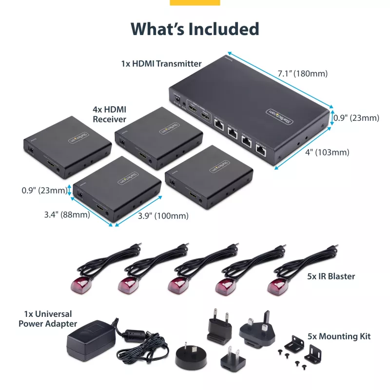 StarTech.com 4 portu HDMI pagarinātājs un sadalītājs pa CAT6, 4K 60Hz, līdz 230 pēdām (70 m), 1x4 HDMI izplatīšanas komplekts pa Ethernet ar IR un strāvu pa kabeli