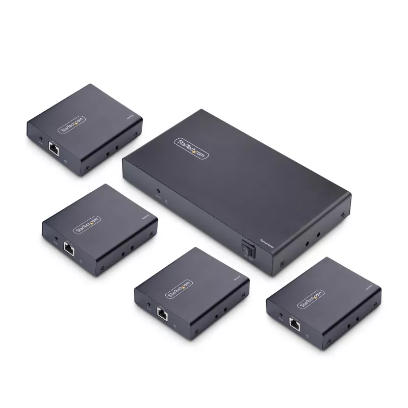 StarTech.com 4 portu HDMI pagarinātājs un sadalītājs pa CAT6, 4K 60Hz, līdz 230 pēdām (70 m), 1x4 HDMI izplatīšanas komplekts pa Ethernet ar IR un strāvu pa kabeli