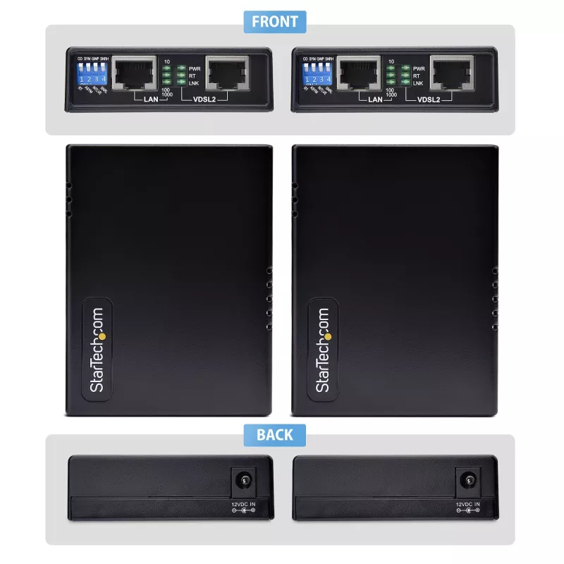 StarTech.com VDSL2 Ethernet Extender Kit over Single Pair Wire, līdz 0,6 jūdzēm (1 km) liela attāluma LAN atkārtotājs pa tālruņa līniju/CAT5e/CAT6, līdz 300 Mb/s, aizvieto 110VDSLEXTEU — TAA