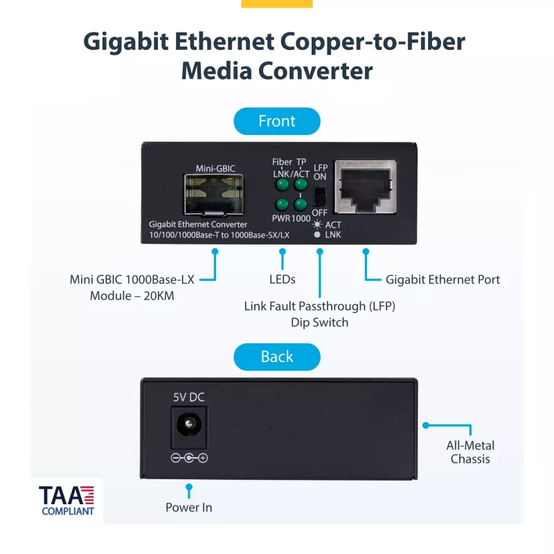 StarTech.com Gigabit Ethernet Copper-to-Fiber Media Converter, SM LC, 20km, 10/100/1000 Mbps, RJ45 uz LC, pilnībā metāla, 9K Jumbo kadri, TAA atbilstošs