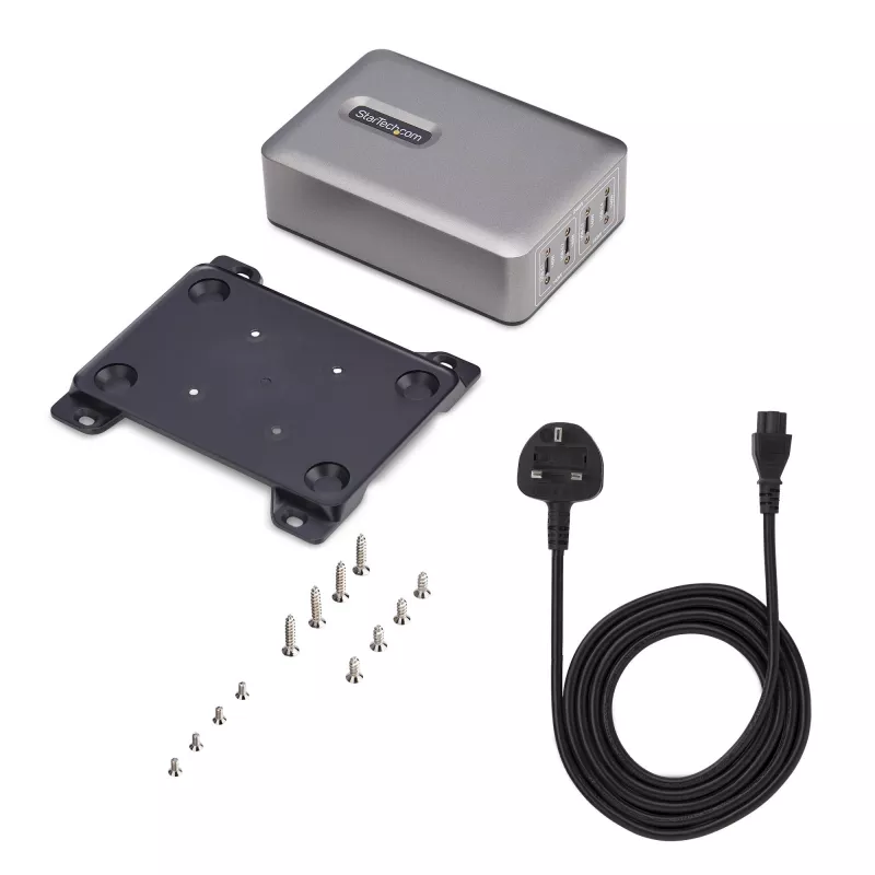 StarTech.com 4-portu vairāku ierīču USB-C lādētājs, 240 W kopējā jauda, viens ports 140 W EPR, PD 3.1, pieskrūvējamie porti, sanāksmju telpām, iekļauts kronšteins virsmas montāžai