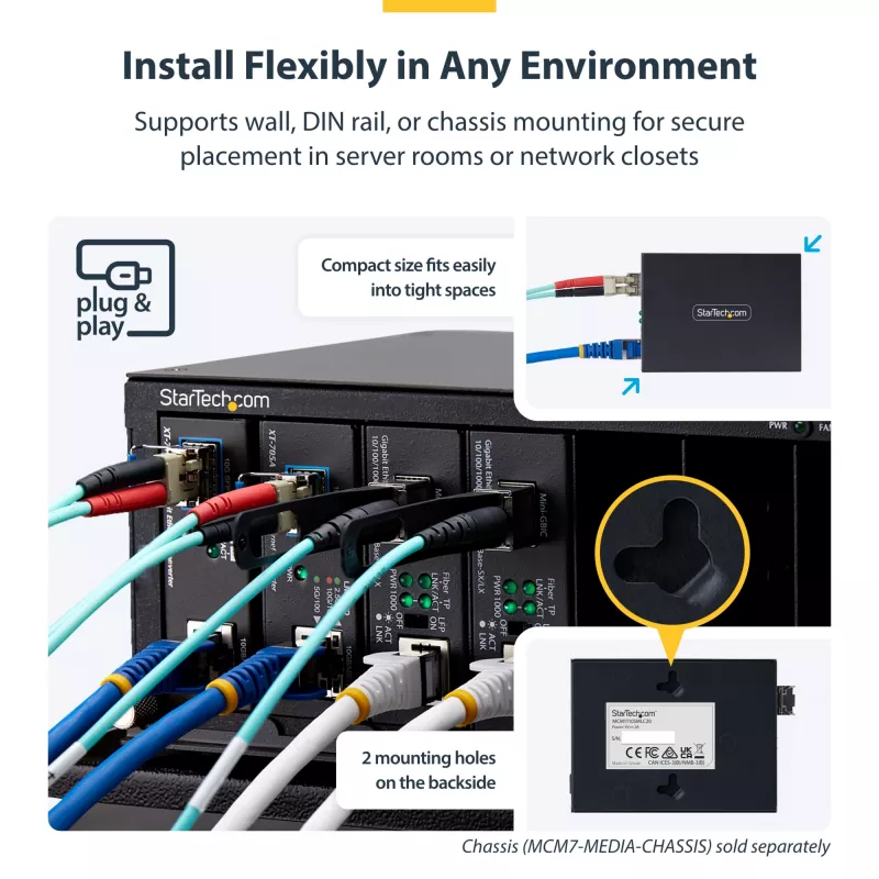 StarTech.com Gigabit Ethernet varu-optiskās šķiedras multivides pārveidotājs, VM LC, 40 km, 10/100/1000 Mb/s, RJ45 uz LC, pilnībā metālisks, 9K jumbo kadri, TAA atbilstošs