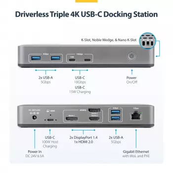 StarTech.com 199UE-USBC-DOCK klēpjdatora dokstacija/portu replikators, vadu, USB 3.2 Gen 2 (3.1 Gen 2) Type-C, pelēks