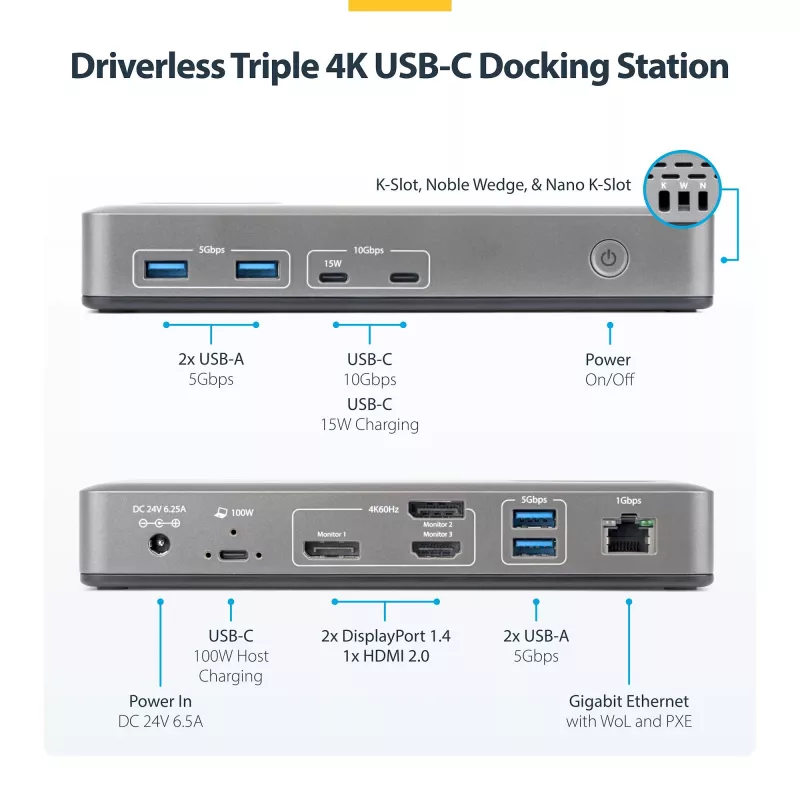 StarTech.com 199UE-USBC-DOCK klēpjdatora dokstacija/portu replikators, vadu, USB 3.2 Gen 2 (3.1 Gen 2) Type-C, pelēks