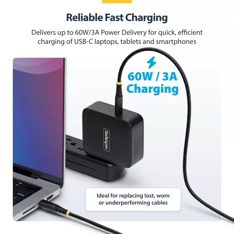 StarTech.com 1m (3pēdu) USB-C lādēšanas kabelis, 60W (3A) PD, dubultslāņu pīta neilona/TPE apvalks, izturīgs USB C lādēšanas vads, USB 2.0 klēpjdatora lādētāja kabelis