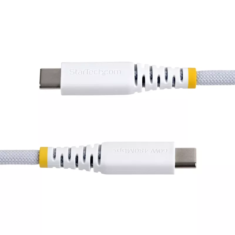 StarTech.com 2 m (6 pēdu) balts USB-C uzlādes kabelis, 60 W (3 A) PD, divslāņu pīta neilona/TPE apvalks, izturīgs USB C uzlādes vads, USB 2.0 klēpjdatora lādētāja kabelis