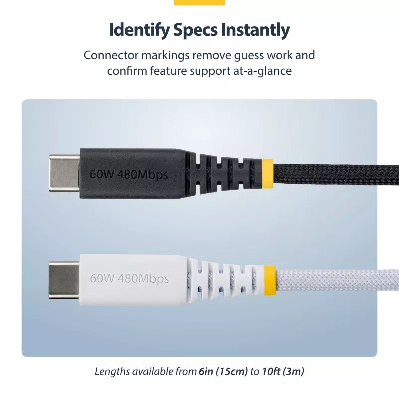 StarTech.com 3m (10ft) USB-C uzlādes kabelis, 60W (3A) PD, divslāņu pīts neilons/TPE apvalks, izturīgs USB C uzlādes vads, USB 2.0 klēpjdatora lādētāja kabelis