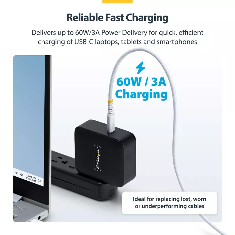 StarTech.com 15cm (6in) balts USB-C uzlādes kabelis, 60W (3A) PD, divslāņu pīta neilona/TPE apvalks, izturīgs USB C uzlādes vads, USB 2.0 klēpjdatora lādētāja kabelis