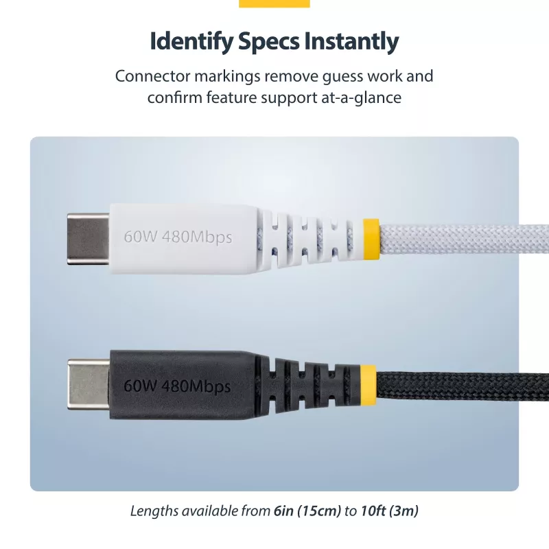 StarTech.com 15cm (6in) balts USB-C uzlādes kabelis, 60W (3A) PD, divslāņu pīta neilona/TPE apvalks, izturīgs USB C uzlādes vads, USB 2.0 klēpjdatora lādētāja kabelis