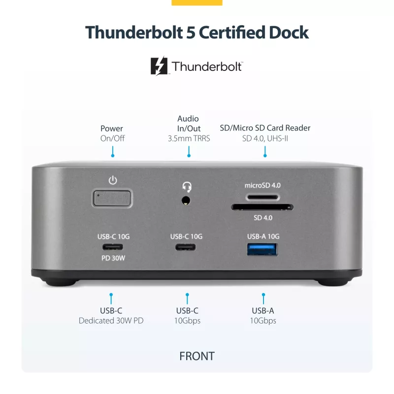StarTech.com Thunderbolt 5 dokstacija, DP/HDMI, trīs monitoru doks līdz 4K 144 Hz vai diviem 8K 60 Hz, 5x USB porti, 140 W klēpjdatora uzlāde