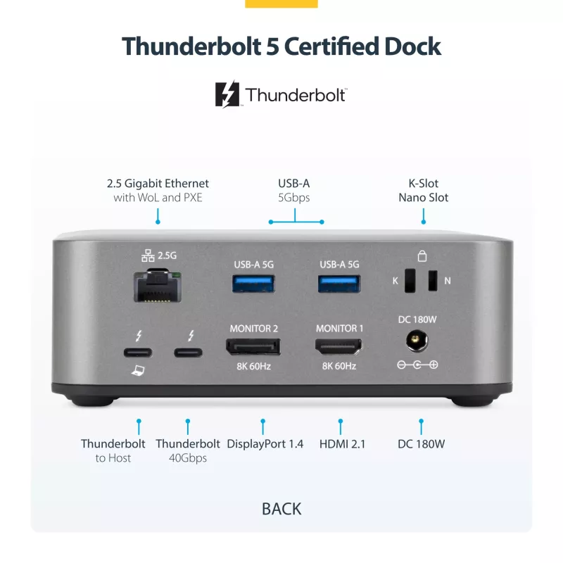 StarTech.com Thunderbolt 5 dokstacija, DP/HDMI, trīs monitoru doks līdz 4K 144 Hz vai diviem 8K 60 Hz, 5x USB porti, 140 W klēpjdatora uzlāde