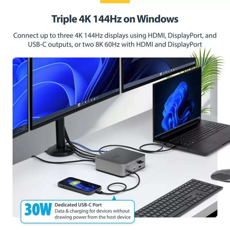 StarTech.com Thunderbolt 5 dokstacija, DP/HDMI, trīs monitoru doks līdz 4K 144 Hz vai diviem 8K 60 Hz, 5x USB porti, 140 W klēpjdatora uzlāde