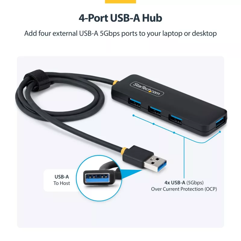 StarTech.com 4 portu USB-A centrmezgls, 5 Gbps, kopnes barošana, USB-A uz 4x USB-A mini centrmezgls, īpaši garš 2 pēdu/61 cm resursdatora kabelis, PCR plastmasa, pārnēsājams galda/klēpjdatora USB centrmezgls