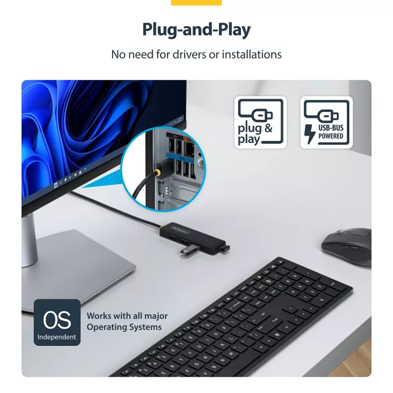 StarTech.com 4 portu USB-A centrmezgls, 5 Gbps, kopnes barošana, USB-A uz 4x USB-A mini centrmezgls, īpaši garš 2 pēdu/61 cm resursdatora kabelis, PCR plastmasa, pārnēsājams galda/klēpjdatora USB centrmezgls