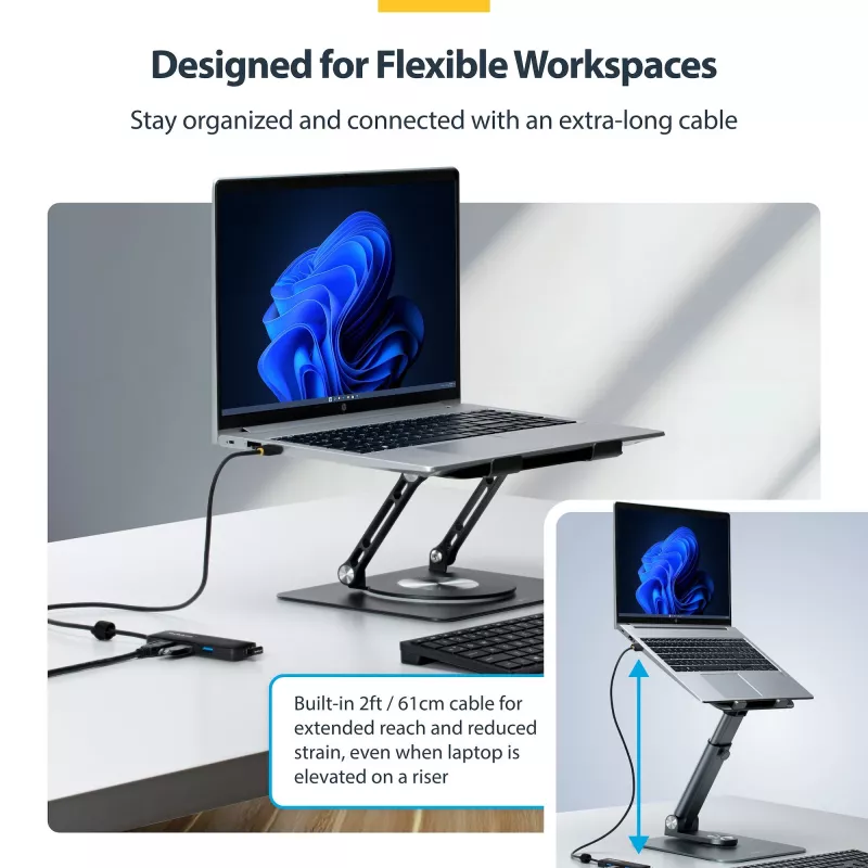 StarTech.com 4 portu USB-A centrmezgls, 5 Gbps, kopnes barošana, USB-A uz 4x USB-A mini centrmezgls, īpaši garš 2 pēdu/61 cm resursdatora kabelis, PCR plastmasa, pārnēsājams galda/klēpjdatora USB centrmezgls
