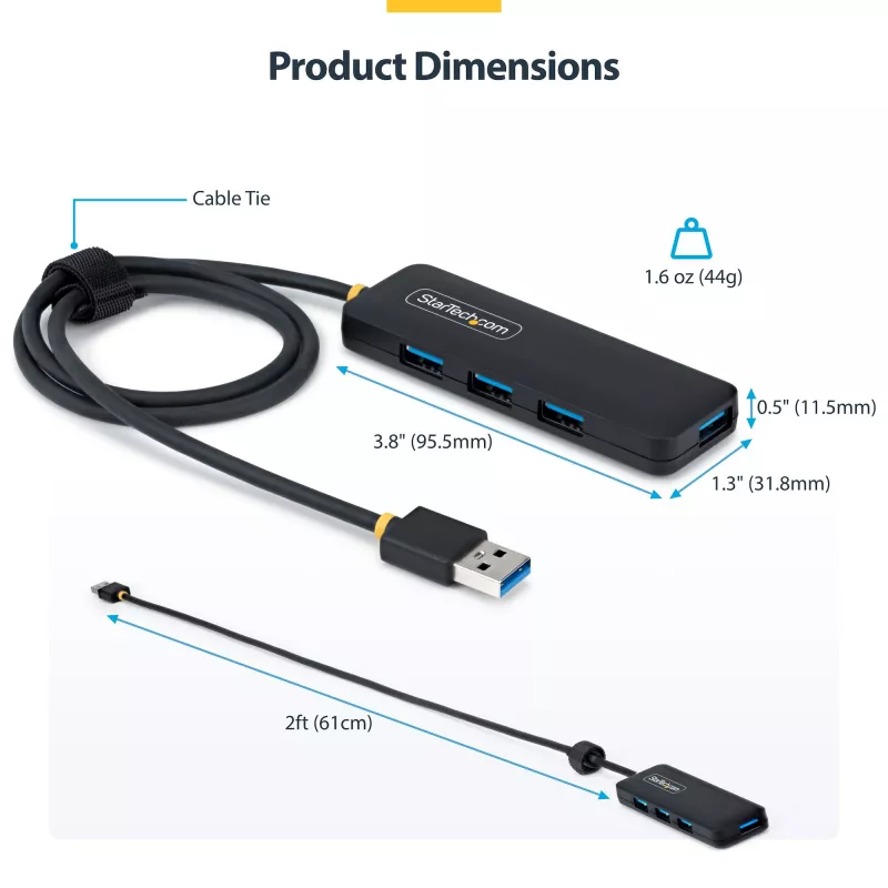 StarTech.com 4 portu USB-A centrmezgls, 5 Gbps, kopnes barošana, USB-A uz 4x USB-A mini centrmezgls, īpaši garš 2 pēdu/61 cm resursdatora kabelis, PCR plastmasa, pārnēsājams galda/klēpjdatora USB centrmezgls