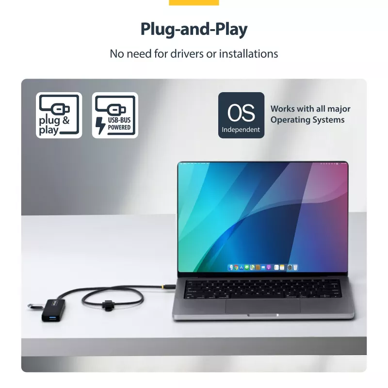StarTech.com 4 portu USB-C centrmezgls, 5 Gbps, barots pa kopni, USB-C uz 4x USB-A mini centrmezgls, īpaši garš 2 pēdu/61 cm resursa kabelis, PCR plastmasa, pārnēsājams galddatora / klēpjdatora USB centrmezgls