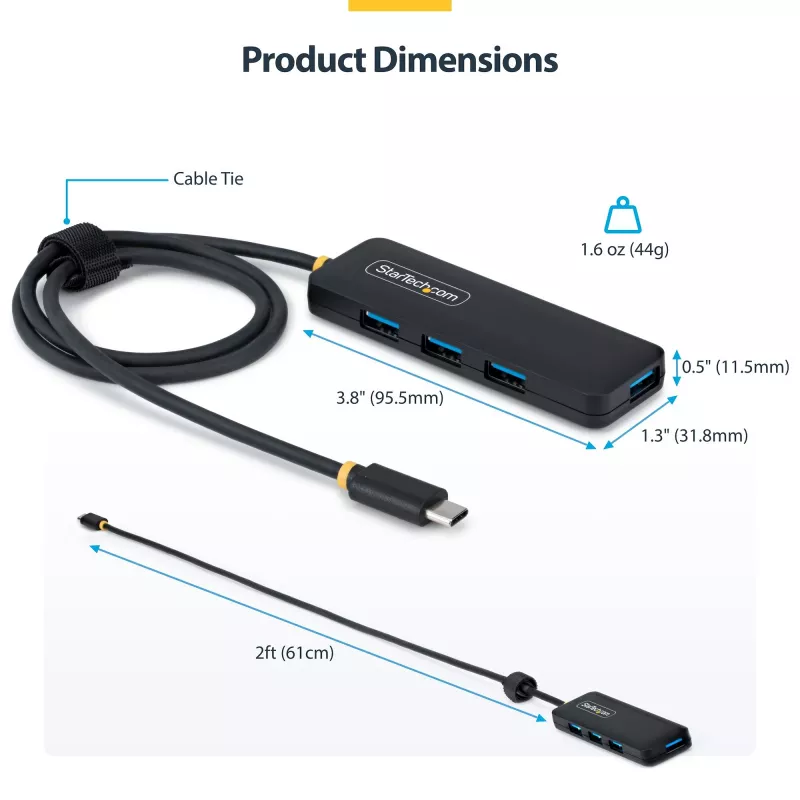 StarTech.com 4 portu USB-C centrmezgls, 5 Gbps, barots pa kopni, USB-C uz 4x USB-A mini centrmezgls, īpaši garš 2 pēdu/61 cm resursa kabelis, PCR plastmasa, pārnēsājams galddatora / klēpjdatora USB centrmezgls