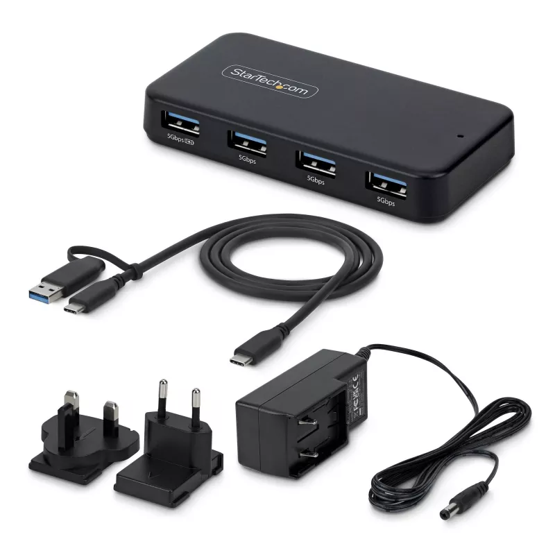 StarTech.com 4-Portu USB-A centrmezgls, 5Gbps, pašbarots, 2-in-1 USB-C un USB-A resursdatora kabelis, 1x BC 1.2 uzlādes ports, iekļauts 24W strāvas adapteris, MacBook un Windows