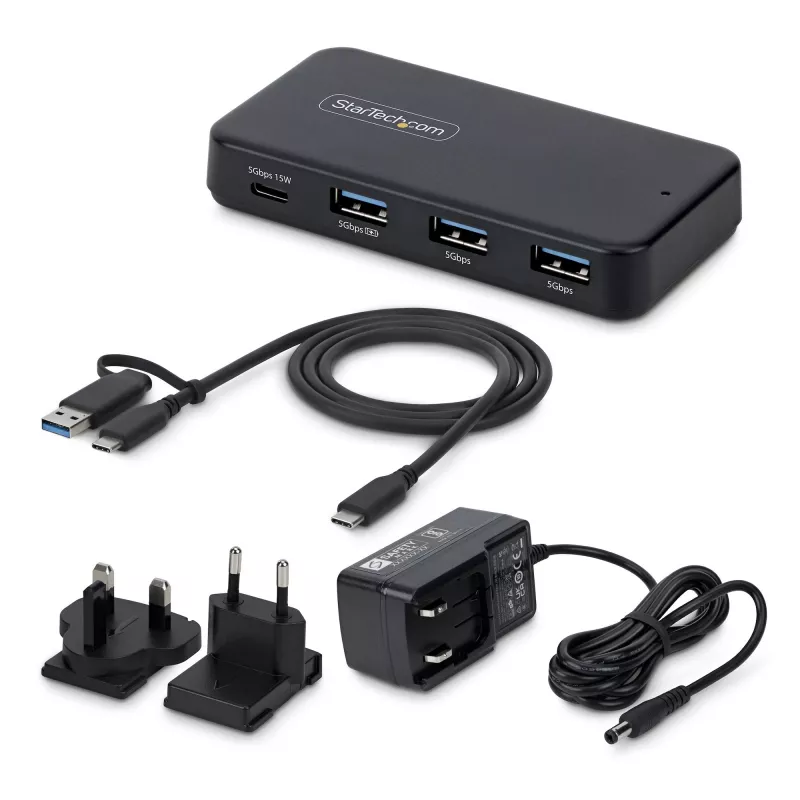 StarTech.com 4-Portu USB-C un USB-A centrmezgls, 5 Gbps, ar pašbarošanu, 2-in-1 USB-C un USB-A resursdatora kabelis, 1x USB-C un 3x USB-A (1x BC 1.2), 36 W strāvas adapteris iekļauts