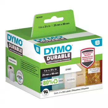 DYMO Oriģināls LabelWriter izturīgās uzlīmes | 25 mm x 89 mm | balts polipropilēns | 2 ruļļi pa 350 (700 pašlīmējošas uzlīmes) | augstas veiktspējas | paredzētas LabelWriter uzlīmju printeriem