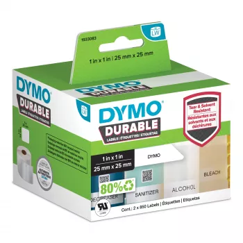 DYMO Oriģināls LabelWriter Izturīgas Etiķetes | 25 mm x 25 mm | Balts polipropilēns | 2 ruļļi pa 850 (1700 pašlīmējošas etiķetes) | Augsta veiktspēja | Paredzētas LabelWriter etiķešu printeriem