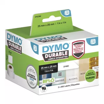 DYMO Oriģināls LabelWriter Izturīgas Etiķetes | 25 mm x 25 mm | Balts polipropilēns | 2 ruļļi pa 850 (1700 pašlīmējošas etiķetes) | Augsta veiktspēja | Paredzētas LabelWriter etiķešu printeriem