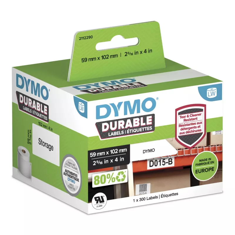 DYMO Oriģināls LabelWriter Izturīgās uzlīmes | 59 mm x 102 mm | Balts polipropilēns | 300 pašlīmējošas uzlīmes | Augsta veiktspēja | Piemērotas LabelWriter uzlīmju printeriem